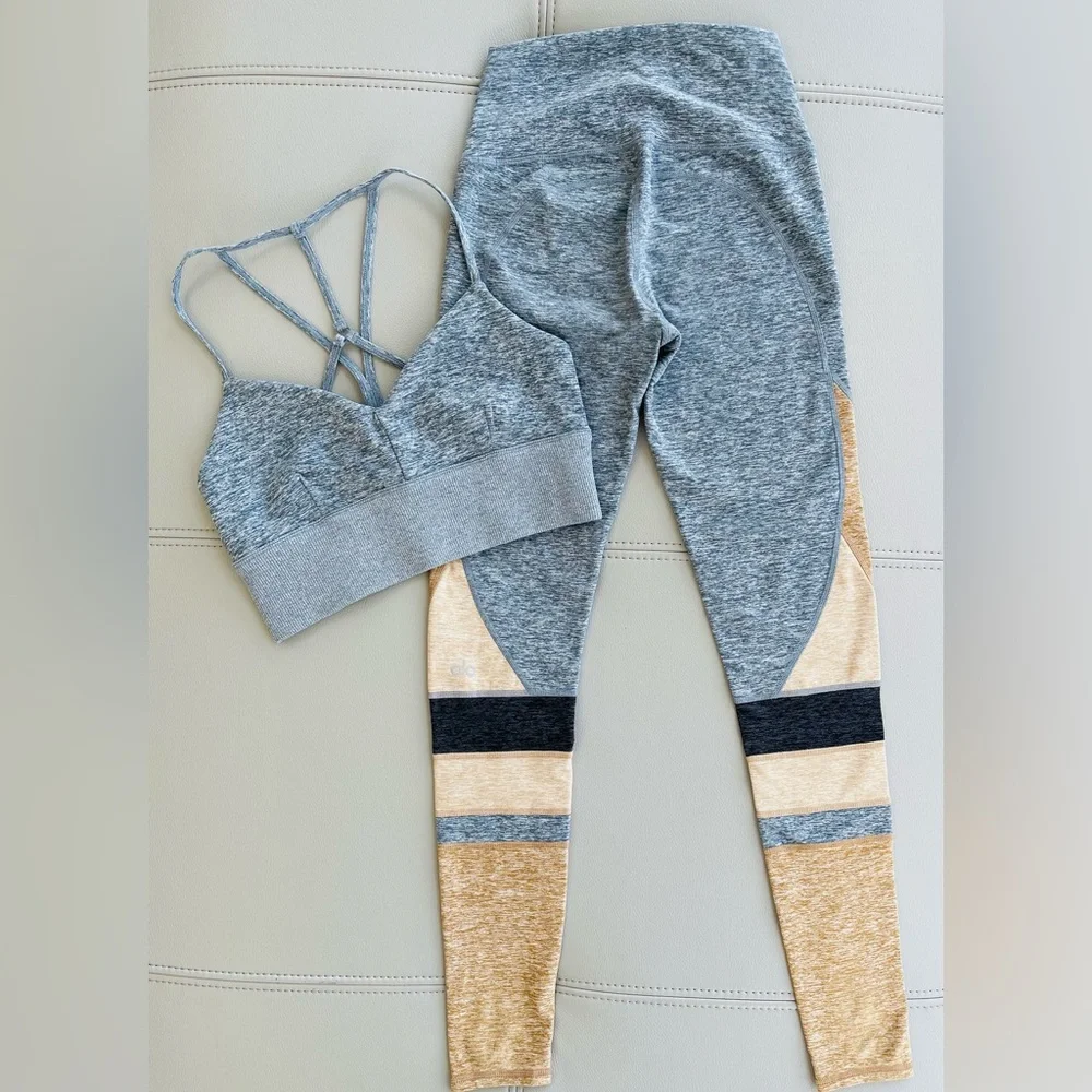 NWOT ALO Yoga Alosoft 2-Piece SET MED Bra Top + XXS Legging in Blue-Gray Heather - Picture 14 of 16
